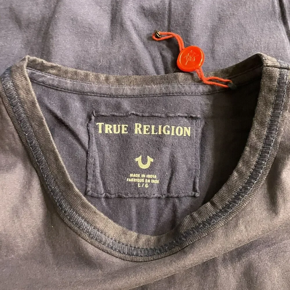 True Religion Jeans T-Shirt‎ Logo Waxed Cotton Top 1/2 Mens L